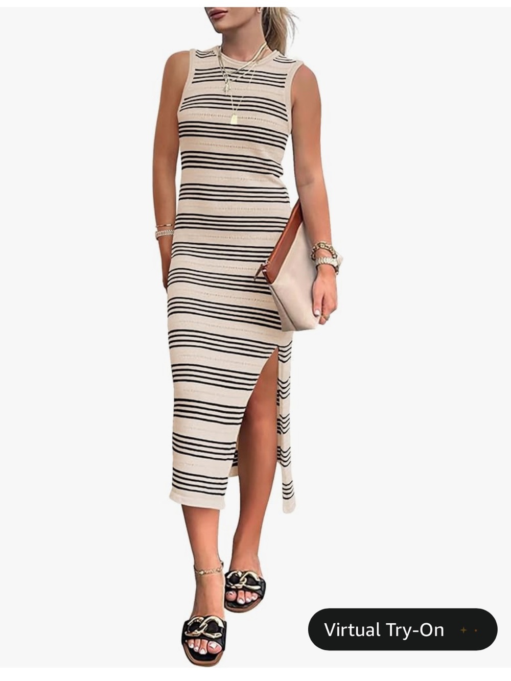 PRETTYGARDEN Striped Sleeveless Maxi Dress in Beige and Black